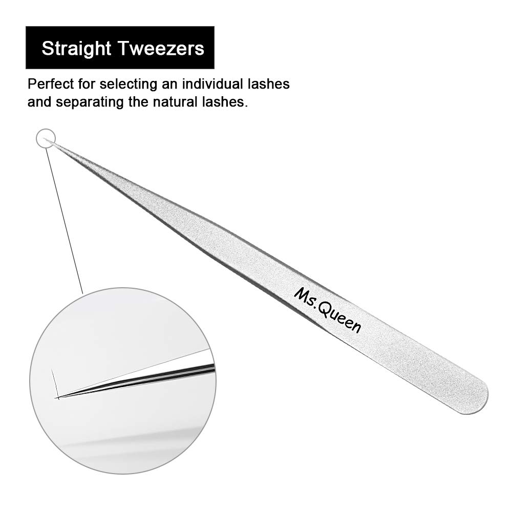 Eyelash Extension Tweezers - Professional 2 Pcs Straight and Curved Pointed Tweezers - Precision Crafted Tweezers for 3D-6D Volume False Eyelashes Extensions with Aluminum Storage Case- Ms.Queen