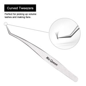 Eyelash Extension Tweezers - Professional 2 Pcs Straight and Curved Pointed Tweezers - Precision Crafted Tweezers for 3D-6D Volume False Eyelashes Extensions with Aluminum Storage Case- Ms.Queen