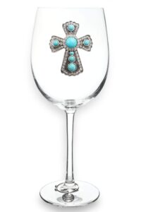 the queens' jewels turquoise cross jeweled stemmed wine glass, 21 oz. - unique gift for women, birthday, cute, fun, not painted, decorated, bling, bedazzled, rhinestone