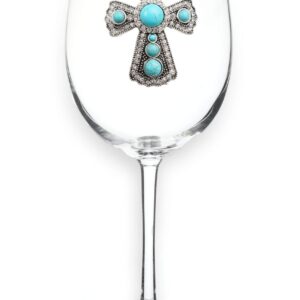 THE QUEENS' JEWELS Turquoise Cross Jeweled Stemmed Wine Glass, 21 oz. - Unique Gift for Women, Birthday, Cute, Fun, Not Painted, Decorated, Bling, Bedazzled, Rhinestone