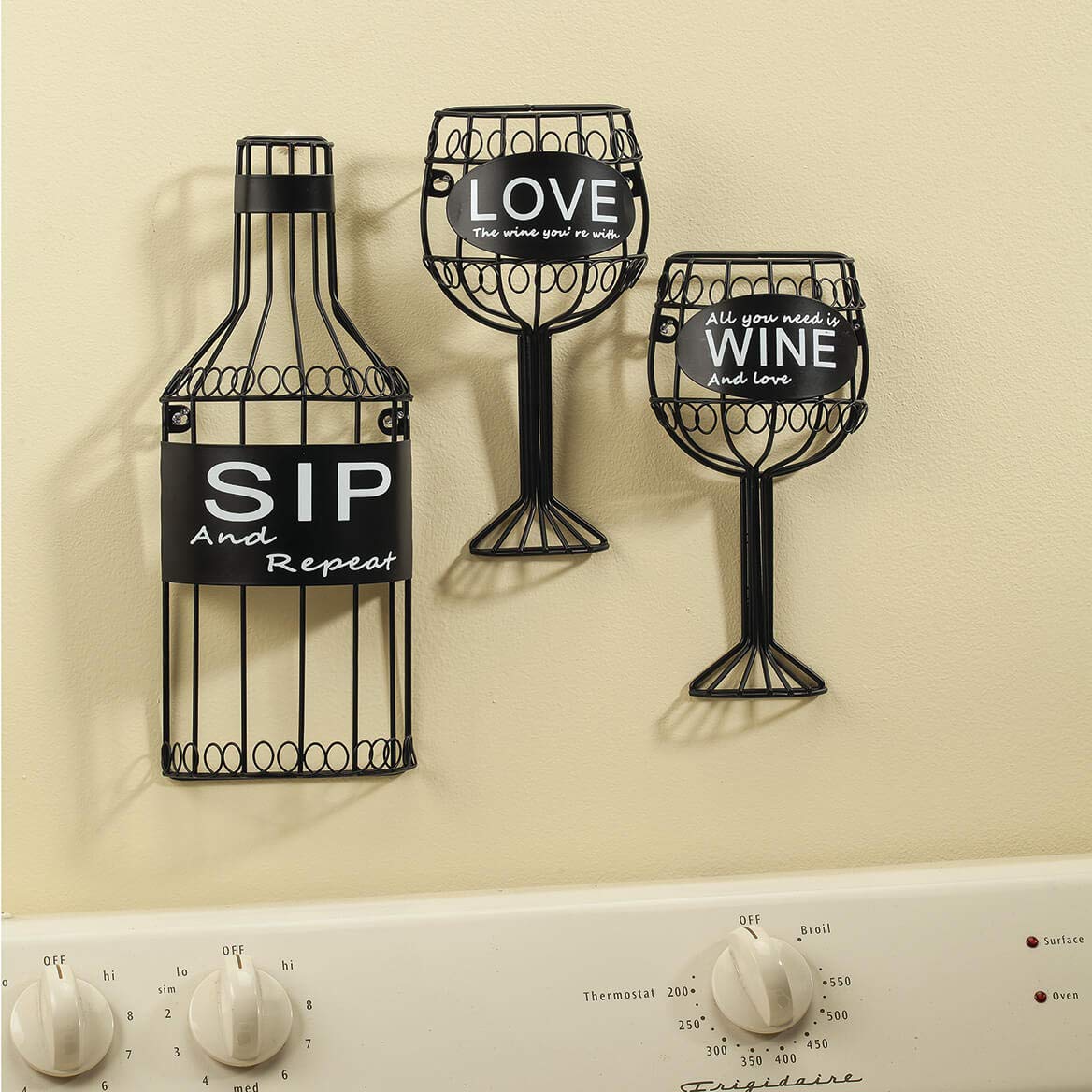 Fox Valley Traders 3 Piece Sip, Wine & Love Wall Hanging Set, Made of 100% Durable Metal, Classic Black Finish, Metal Loop Hangers, Home Décor - by Home-Style Kitchen