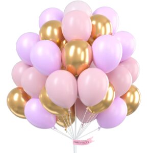 PartyWoo Purple Pink Gold Balloons, 60 pcs 12 Inch Purple Balloons, Light Pink Balloons, Gold Metallic Balloons and Pink Balloons, Purple Pink Balloons for Princess Birthday Party, Purple Baby Shower