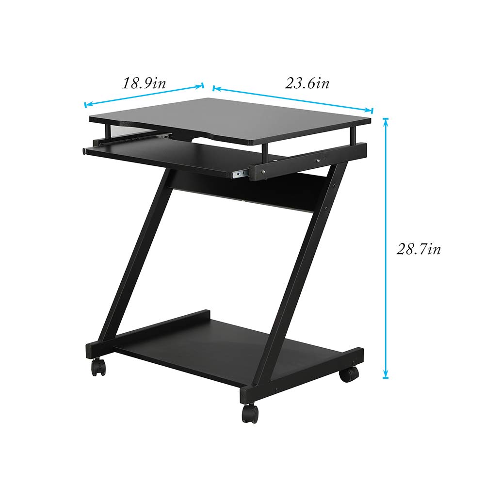 soges Small Rolling Computer Desk, Z Shape Laptop Desk Cart on Wheels, Mobile Computer Workstation for Home and Office with Keyboard Tray, Black