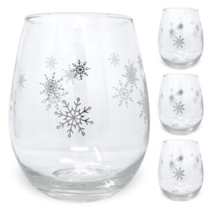 snowflake winter wine glass set - set of 4 stemless glasses with silver snowflake designs - 20 oz
