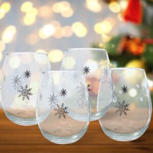 Snowflake Winter Wine Glass Set - Set of 4 Stemless Glasses with Silver Snowflake Designs - 20 oz