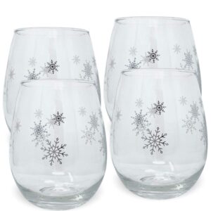 Snowflake Winter Wine Glass Set - Set of 4 Stemless Glasses with Silver Snowflake Designs - 20 oz