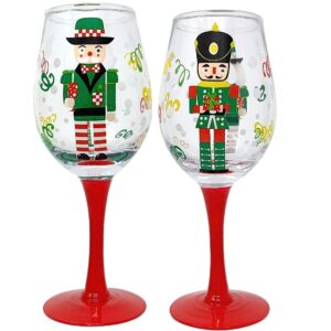 banberry designs nutcracker christmas wine glasses - set of 2 holiday toy soldier design - red and green festive xmas glassware painted with stem 14 oz