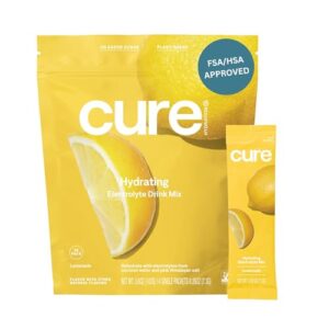 cure hydrating plant based electrolyte mix | fsa & hsa eligible | powder for dehydration relief | made with coconut water | non-gmo | no added sugar | vegan | paleo | pouch of 14 packets - lemonade