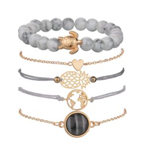 vonru beaded bracelets for women - adjustable charm pendent stack bracelets set for women girl friendship gift bracelet links (turtle bracelet)