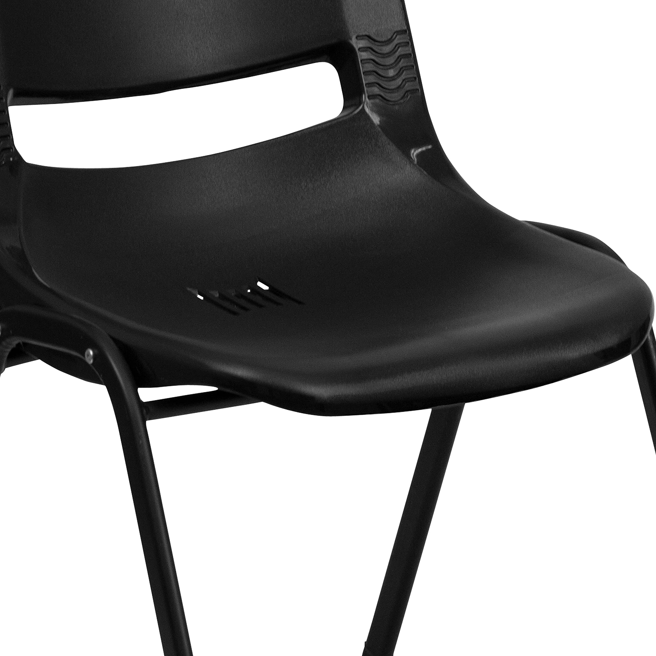 EMMA + OLIVER Black Ergonomic Shell Stack Chair with Black Frame and 16" H Seat