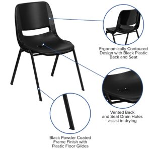 EMMA + OLIVER Black Ergonomic Shell Stack Chair with Black Frame and 16" H Seat