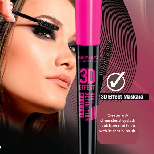 FARMASi 3D Effect High Definition Mascara, Volumizing, Lengthening, Lifting, Curling, Multiplying, No Smudging, Lasting All Day Eye Makeup 0.33 fl. Oz / 10 ml