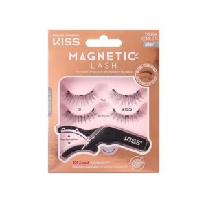 kiss magnetic lash 01, synthetic false eyelashes with magnets under and over your upper lashes, no glue needed, lightweight, reusable, contact lens friendly, cruelty free, with lash applicator, 1 pair