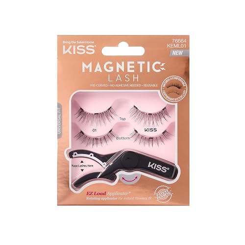 KISS Magnetic Lash 01, Synthetic False Eyelashes with Magnets Under and Over Your Upper Lashes, No Glue Needed, Lightweight, Reusable, Contact Lens Friendly, Cruelty Free, with Lash Applicator, 1 Pair