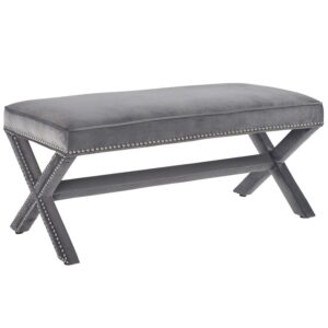 modway rivet contemporary modern upholstered velvet x-base accent bench with nailhead trim in gray