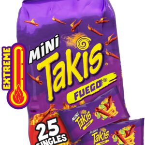 Takis Fuego Mini 25 pc / 1.23 oz Bite Size Multipack, Hot Chili Pepper & Lime Flavored Extreme Spicy Rolled Tortilla Chips