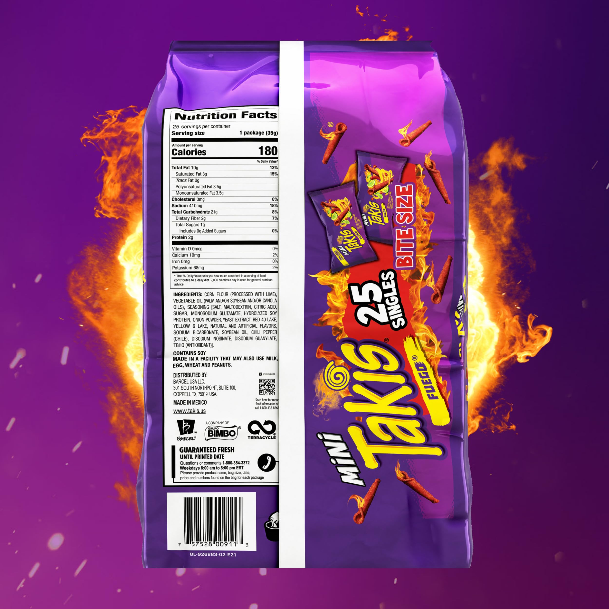 Takis Fuego Mini 25 pc / 1.23 oz Bite Size Multipack, Hot Chili Pepper & Lime Flavored Extreme Spicy Rolled Tortilla Chips