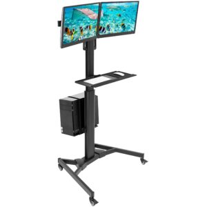 mount-it! adjustable mobile pc workstation - dual monitors up to 32", rolling computer cart wheels, rolling 2 monitor stand, keyboard and cpu holder for office, medical, hospitals, home & classrooms