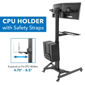 Mount-It! Adjustable Mobile PC Workstation - Dual Monitors up to 32", Rolling Computer Cart Wheels, Rolling 2 Monitor Stand, Keyboard and CPU Holder for Office, Medical, Hospitals, Home & Classrooms