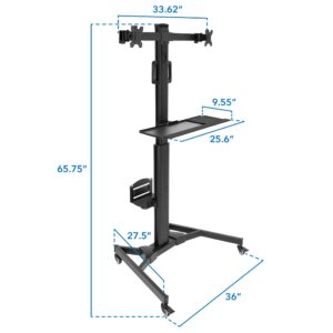 Mount-It! Adjustable Mobile PC Workstation - Dual Monitors up to 32", Rolling Computer Cart Wheels, Rolling 2 Monitor Stand, Keyboard and CPU Holder for Office, Medical, Hospitals, Home & Classrooms