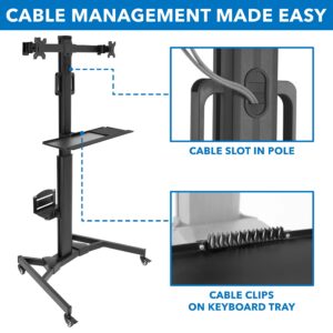 Mount-It! Adjustable Mobile PC Workstation - Dual Monitors up to 32", Rolling Computer Cart Wheels, Rolling 2 Monitor Stand, Keyboard and CPU Holder for Office, Medical, Hospitals, Home & Classrooms