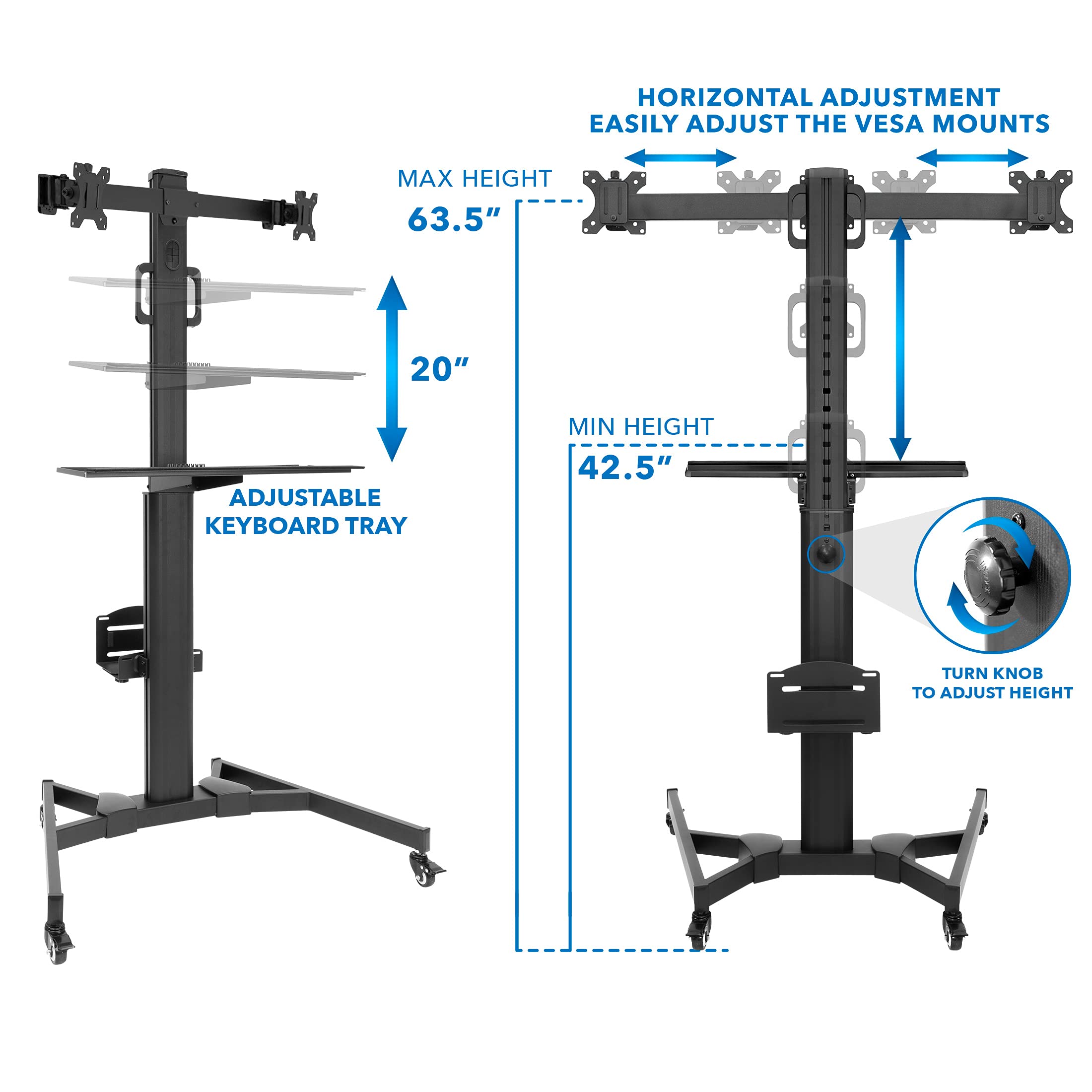 Mount-It! Adjustable Mobile PC Workstation - Dual Monitors up to 32", Rolling Computer Cart Wheels, Rolling 2 Monitor Stand, Keyboard and CPU Holder for Office, Medical, Hospitals, Home & Classrooms