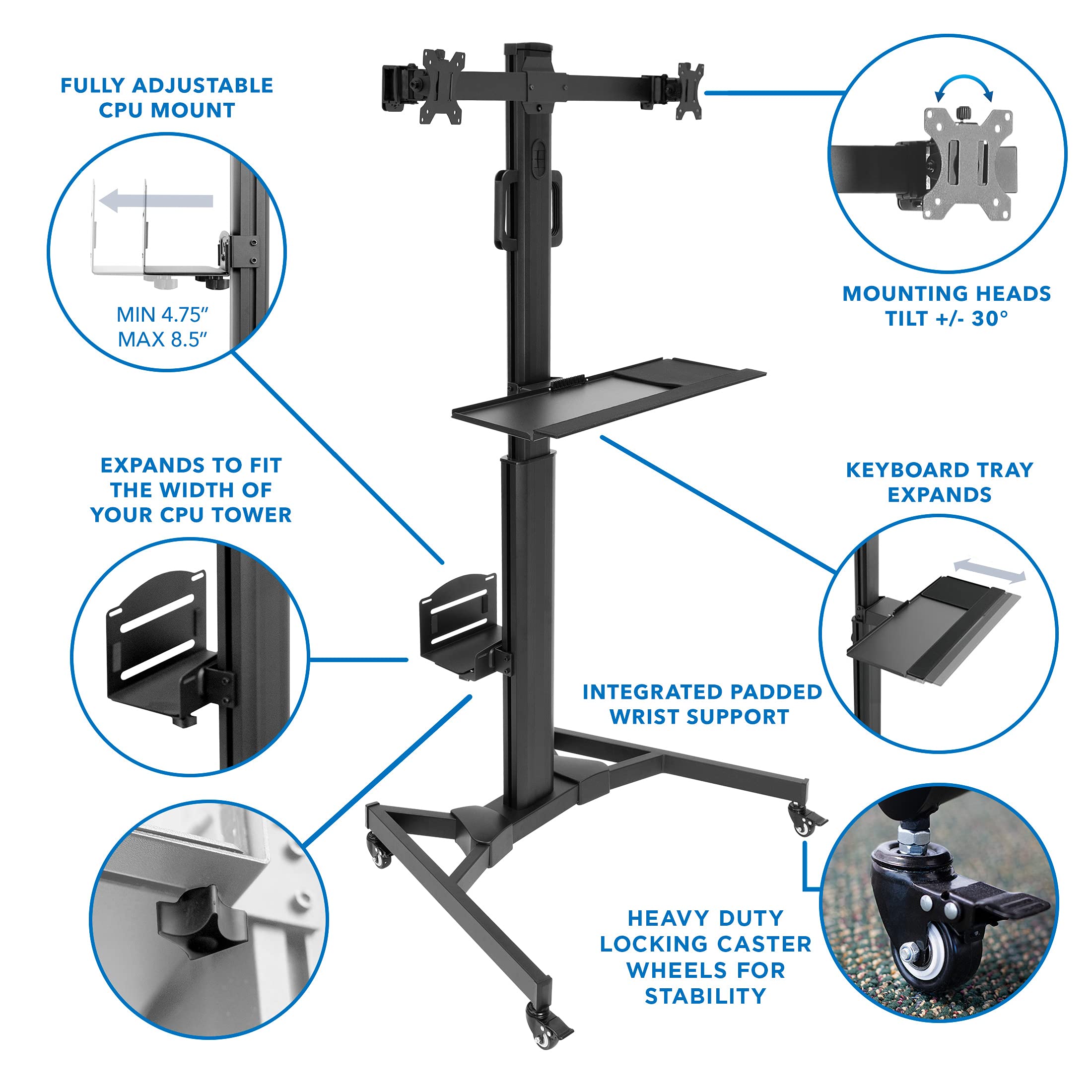 Mount-It! Adjustable Mobile PC Workstation - Dual Monitors up to 32", Rolling Computer Cart Wheels, Rolling 2 Monitor Stand, Keyboard and CPU Holder for Office, Medical, Hospitals, Home & Classrooms