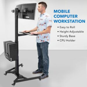 Mount-It! Adjustable Mobile PC Workstation - Dual Monitors up to 32", Rolling Computer Cart Wheels, Rolling 2 Monitor Stand, Keyboard and CPU Holder for Office, Medical, Hospitals, Home & Classrooms