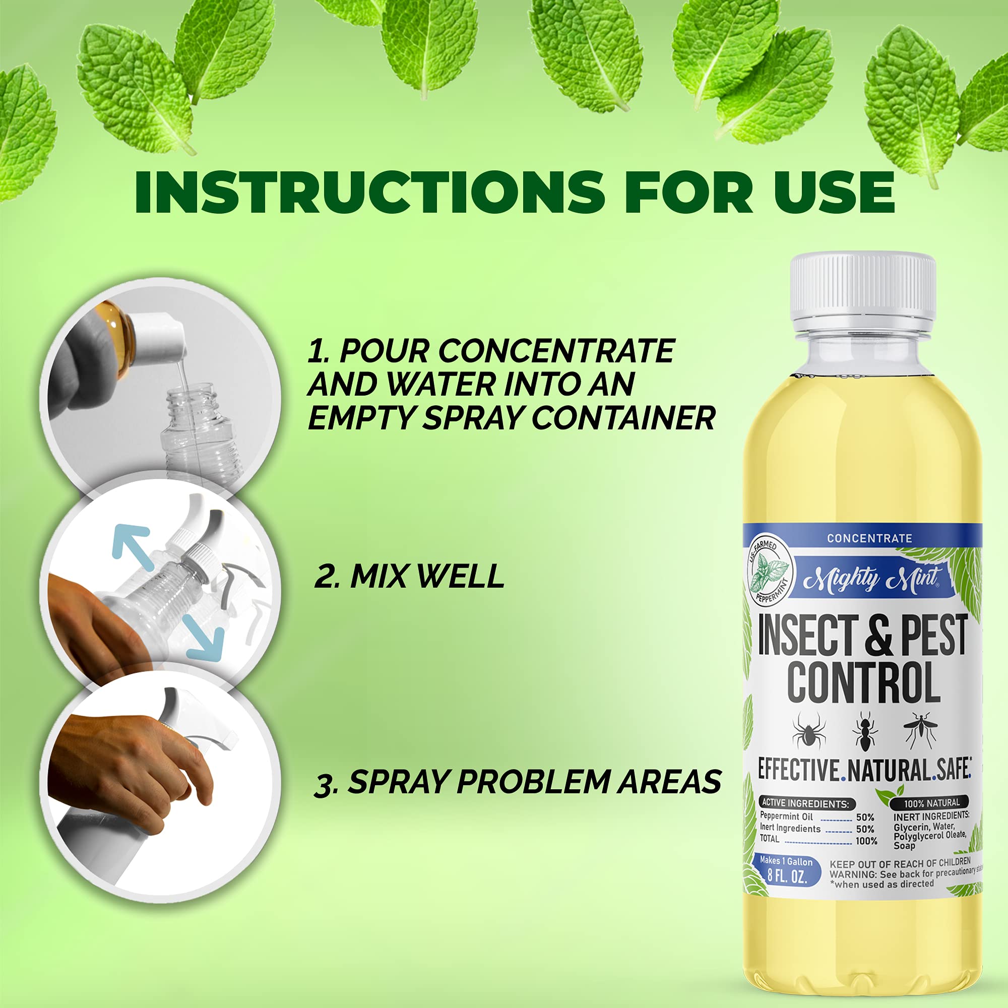 Mighty Mint Insect & Pest Control Peppermint Concentrate 8 oz - Makes 1 Gallon - Plant-Based Formula Kills and Prevents Spiders, Ants, Flying Insects, and More