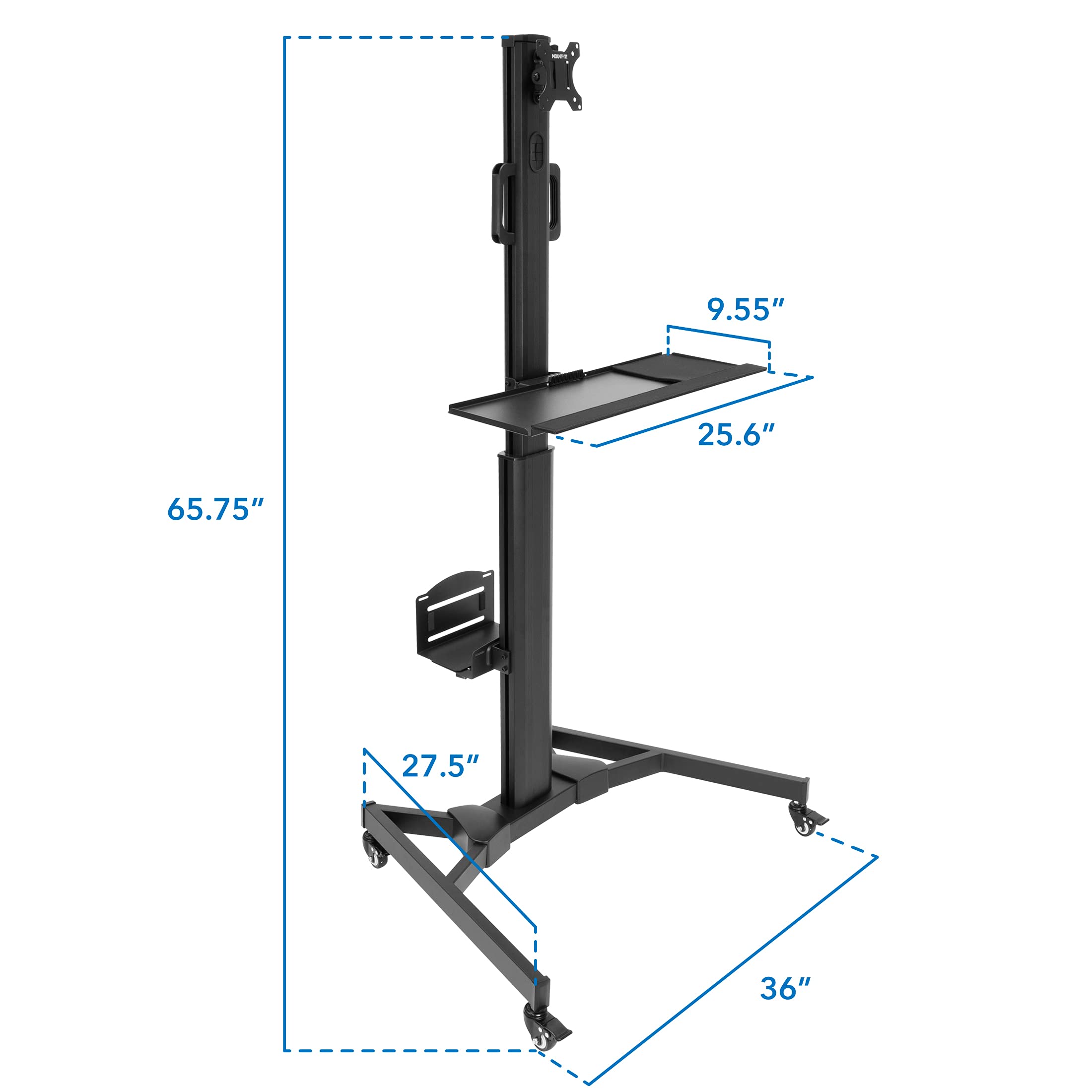 Mount-It! Adjustable Mobile PC Workstation - Up to 32" Monitor Mount Rolling Computer Cart with Wheels, Monitor Stand, Keyboard and CPU Holder for Office, Medical, Hospitals, Home & Classrooms