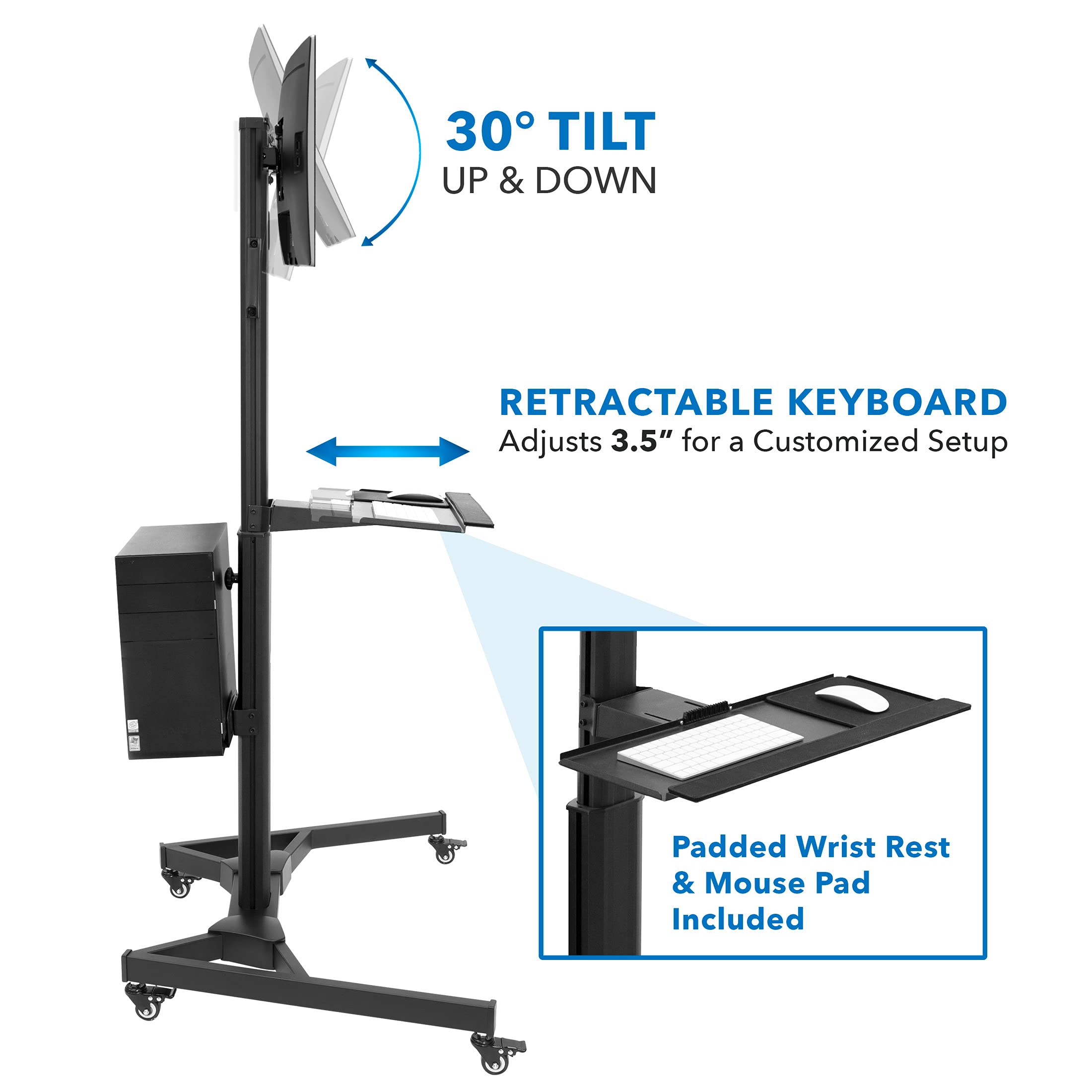 Mount-It! Adjustable Mobile PC Workstation - Up to 32" Monitor Mount Rolling Computer Cart with Wheels, Monitor Stand, Keyboard and CPU Holder for Office, Medical, Hospitals, Home & Classrooms