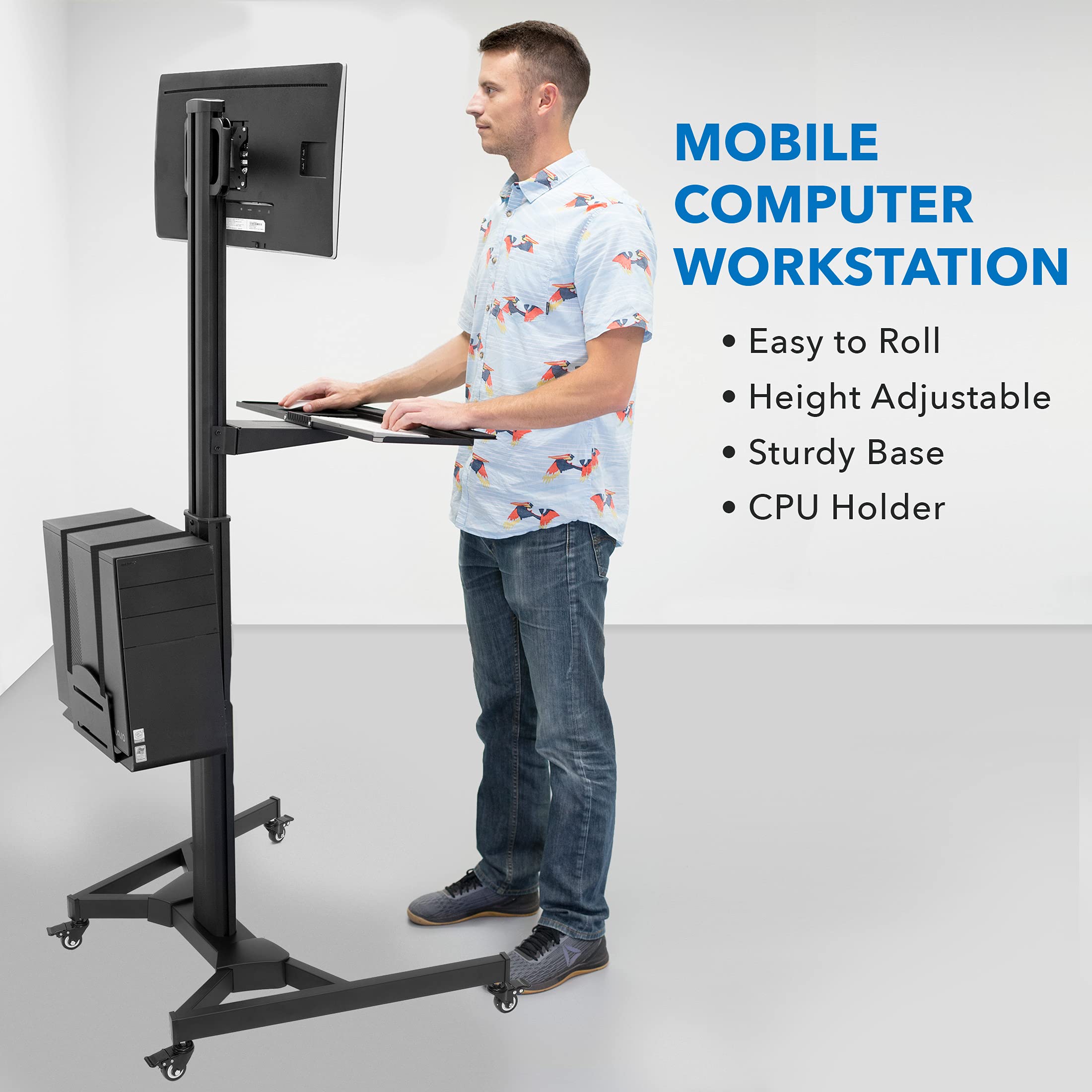 Mount-It! Adjustable Mobile PC Workstation - Up to 32" Monitor Mount Rolling Computer Cart with Wheels, Monitor Stand, Keyboard and CPU Holder for Office, Medical, Hospitals, Home & Classrooms