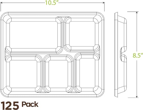 100% Compostable, 5 Compartment, Disposable Paper Plates [125-Pack] - {PFAS Free} - {BPA Certified} - [10 Inch] Heavy Duty Biodegradable Bagasse Sectional Lunch Trays + Dividers - Divided Platter Tray