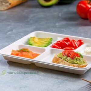 100% Compostable, 5 Compartment, Disposable Paper Plates [125-Pack] - {PFAS Free} - {BPA Certified} - [10 Inch] Heavy Duty Biodegradable Bagasse Sectional Lunch Trays + Dividers - Divided Platter Tray