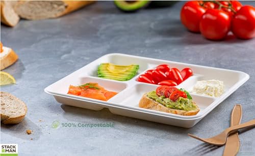 100% Compostable, 5 Compartment, Disposable Paper Plates [125-Pack] - {PFAS Free} - {BPA Certified} - [10 Inch] Heavy Duty Biodegradable Bagasse Sectional Lunch Trays + Dividers - Divided Platter Tray