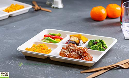 100% Compostable, 5 Compartment, Disposable Paper Plates [125-Pack] - {PFAS Free} - {BPA Certified} - [10 Inch] Heavy Duty Biodegradable Bagasse Sectional Lunch Trays + Dividers - Divided Platter Tray