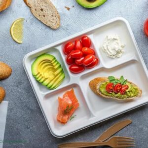 100% Compostable, 5 Compartment, Disposable Paper Plates [125-Pack] - {PFAS Free} - {BPA Certified} - [10 Inch] Heavy Duty Biodegradable Bagasse Sectional Lunch Trays + Dividers - Divided Platter Tray