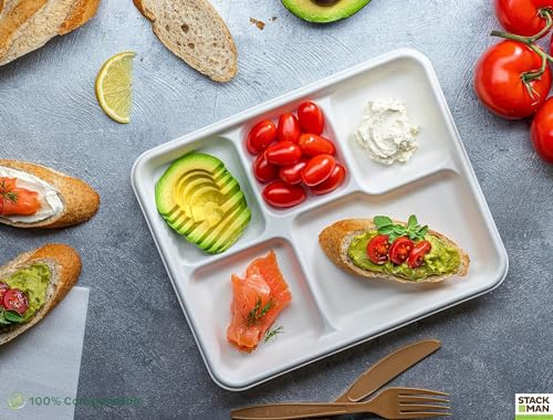 100% Compostable, 5 Compartment, Disposable Paper Plates [125-Pack] - {PFAS Free} - {BPA Certified} - [10 Inch] Heavy Duty Biodegradable Bagasse Sectional Lunch Trays + Dividers - Divided Platter Tray