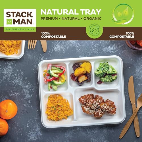 100% Compostable, 5 Compartment, Disposable Paper Plates [125-Pack] - {PFAS Free} - {BPA Certified} - [10 Inch] Heavy Duty Biodegradable Bagasse Sectional Lunch Trays + Dividers - Divided Platter Tray