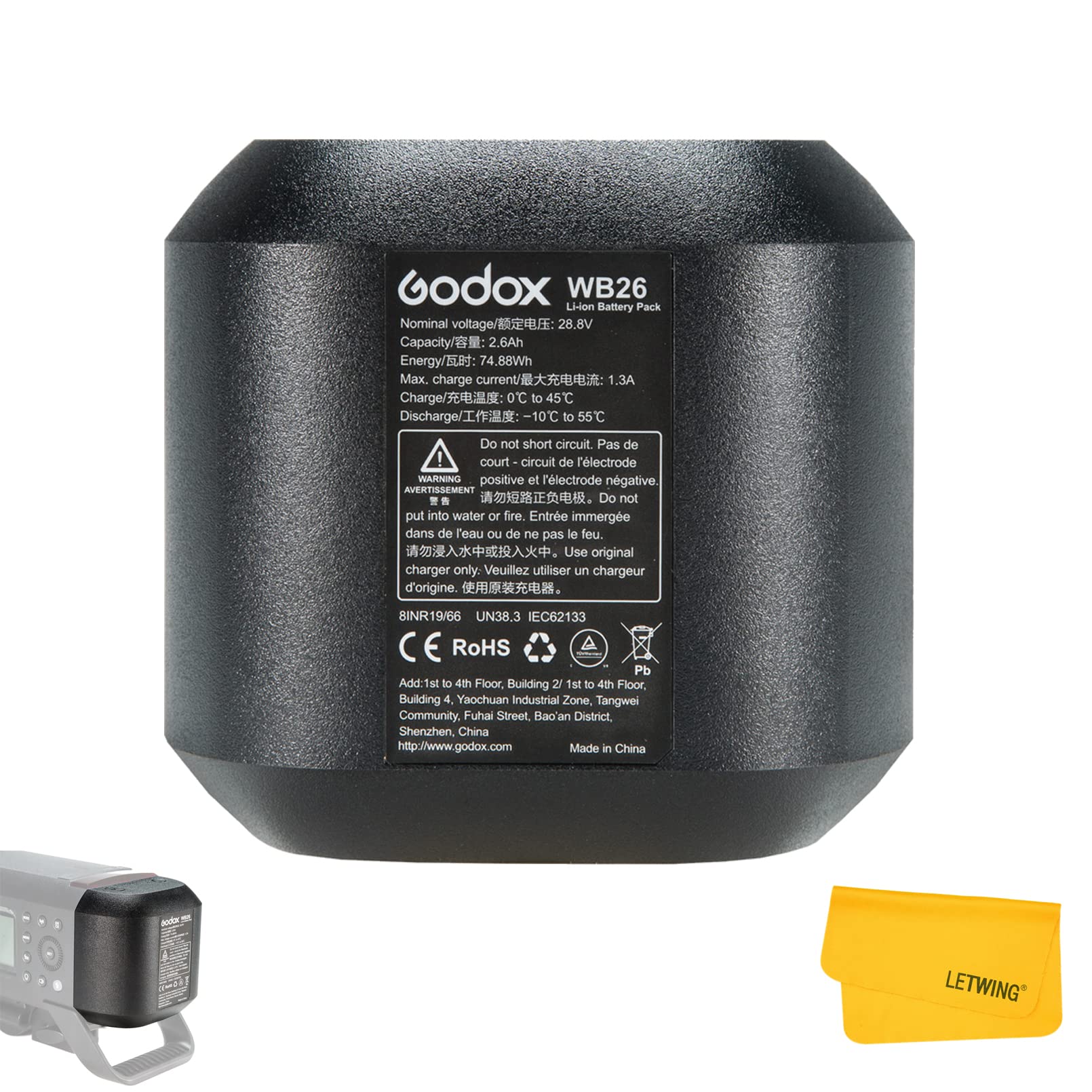 GODOX WB26 Lithium Battery Pack AD600 Pro Flash Strobe, 28.8V/2.6Ah 74.88Wh Rechargeable Li-ion Battery Replacement