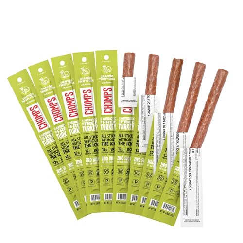 Chomps Jalapeño Turkey Jerky Meat Snack Sticks 10-Pack - Keto, Paleo, Low Carb, Whole30 Approved, 12g Lean Meat Protein, Gluten Free, Antibiotic Free, Zero Sugar Food