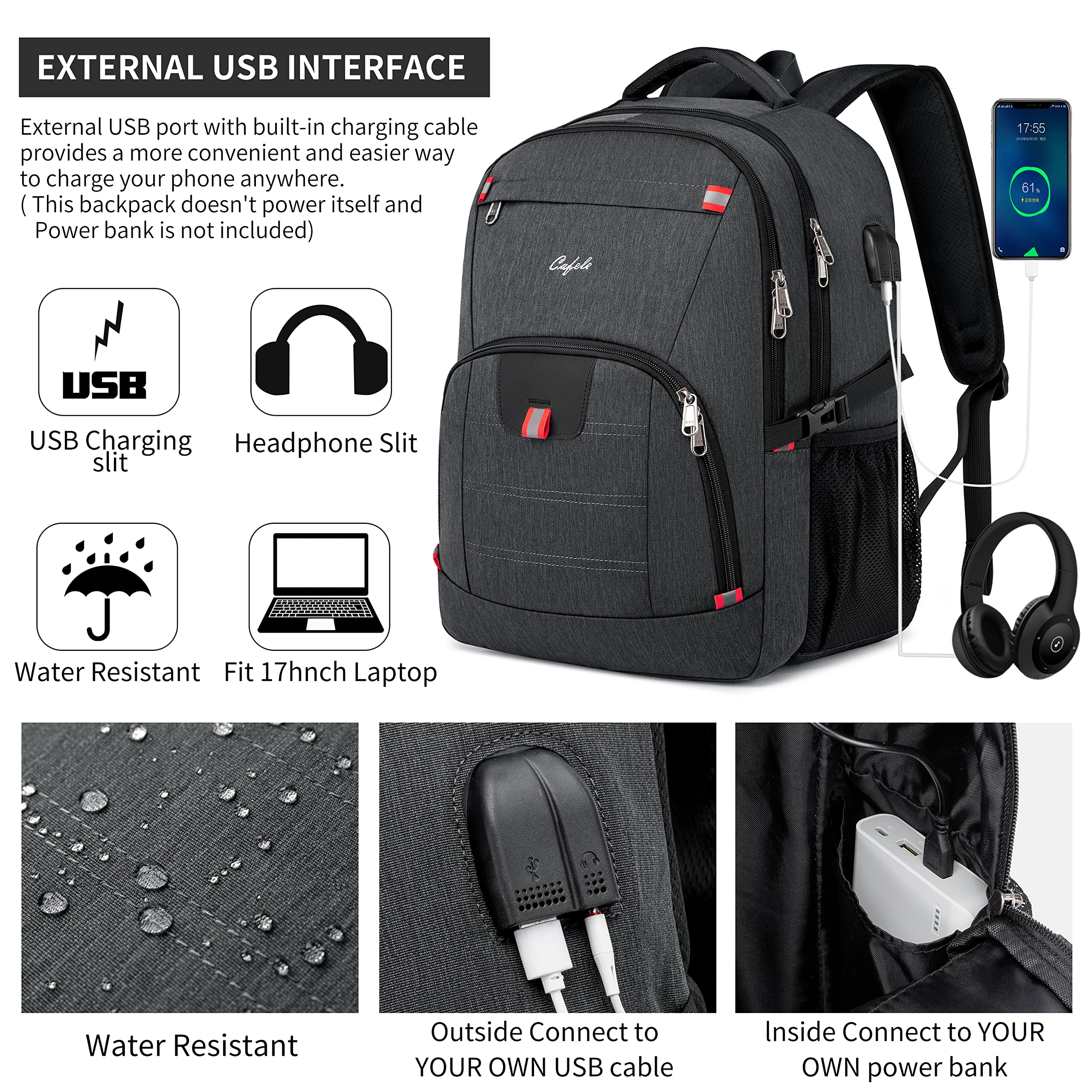 CAFELE Backpack,Waterproof Large 17in Laptop Backpack for Trip School Work Bookbag Computer Rucksack with USB Charging Port,Water Resistant Sturdy Backpack for Men Women,Grey