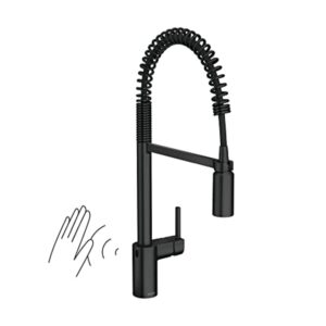 moen align matte black motionsense wave sensor touchless one-handle high arc spring pre-rinse pulldown kitchen faucet with sprayer, kitchen sink faucet for bar, farmhouse, commercial, 5923ewbl