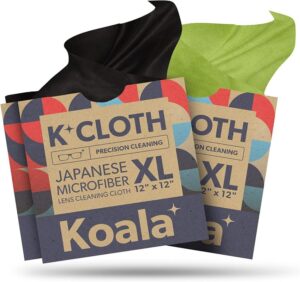 koala lens cleaning cloth | japanese microfiber | glasses cleaning cloths | eyeglass lens cleaner | eyeglasses, camera lens, vr/ar headset, and screen cleaning | black & green (pack of 3)