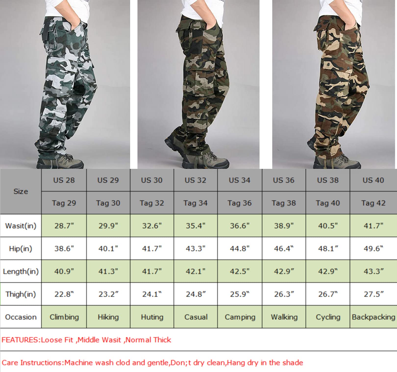 Men's Relaxed Fit Cargo Pants,Outdoors Wild Military Army Camo Combat Work Pants with 8 Pockets Army Camo 34-US 32