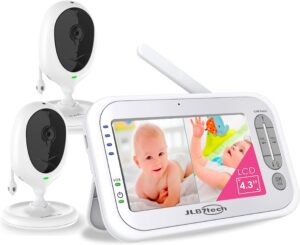 jlb7tech split-screen video baby monitor with 2 cameras and 4.3" lcd,auto night vision,two-way talkback,temperature detection,power saving/vox,zoom in,3000mah battery