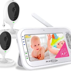 JLB7tech Split-Screen Video Baby Monitor with 2 Cameras and 4.3" LCD,Auto Night Vision,Two-Way Talkback,Temperature Detection,Power Saving/Vox,Zoom in,3000mAh Battery
