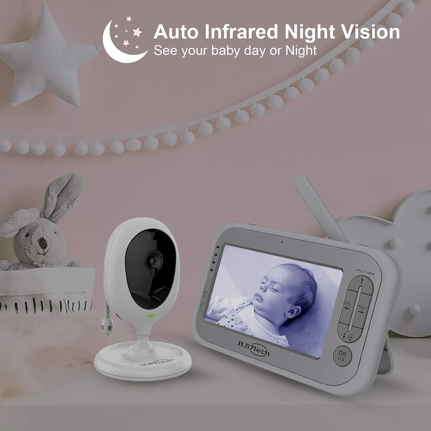 JLB7tech Split-Screen Video Baby Monitor with 2 Cameras and 4.3" LCD,Auto Night Vision,Two-Way Talkback,Temperature Detection,Power Saving/Vox,Zoom in,3000mAh Battery