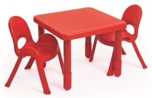 angeles preschool myvalue square table with 2 chairs, solid red, kids homeschool/playroom/daycare/classroom furniture set, toddler table & chair set
