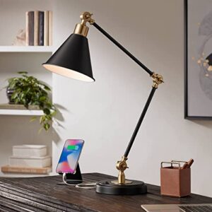 360 lighting wray modern adjustable desk lamp 26 3/4" high with usb charging port painted black brass metal cone shade for living room bedroom house bedside nightstand home office reading